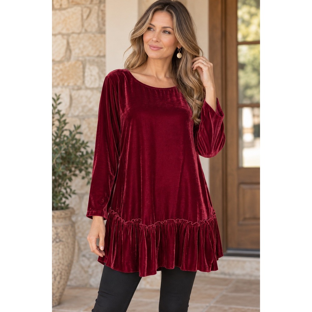 Sundance Silk Blend Velvet Ruffle Hem Tunic Top Burgundy Red Large